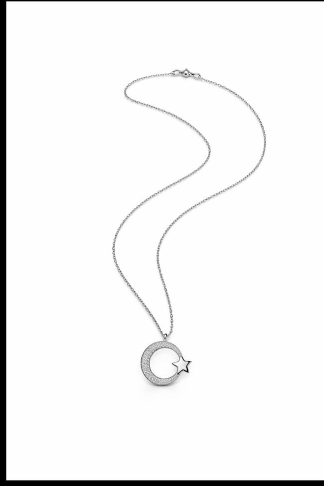 Ay Yıldız Zirkon Taşlı Kolye | 60 cm Çelik Zincir | Kadın Takı Aksesuar
