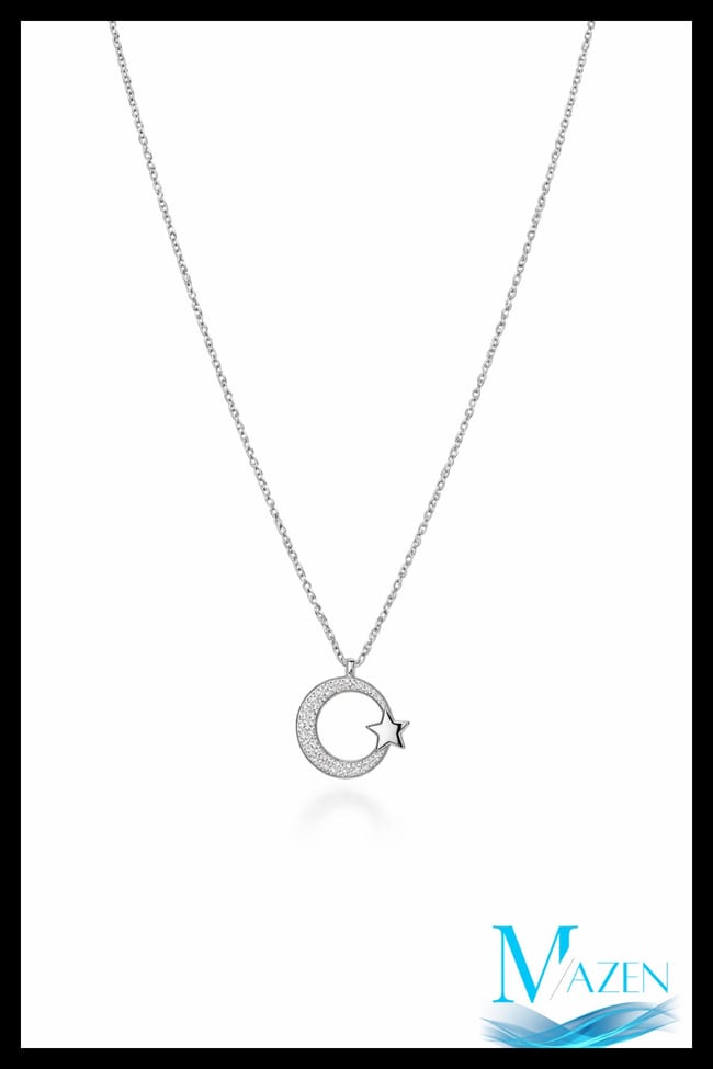 Ay Yıldız Zirkon Taşlı Kolye | 60 cm Çelik Zincir | Kadın Takı Aksesuar