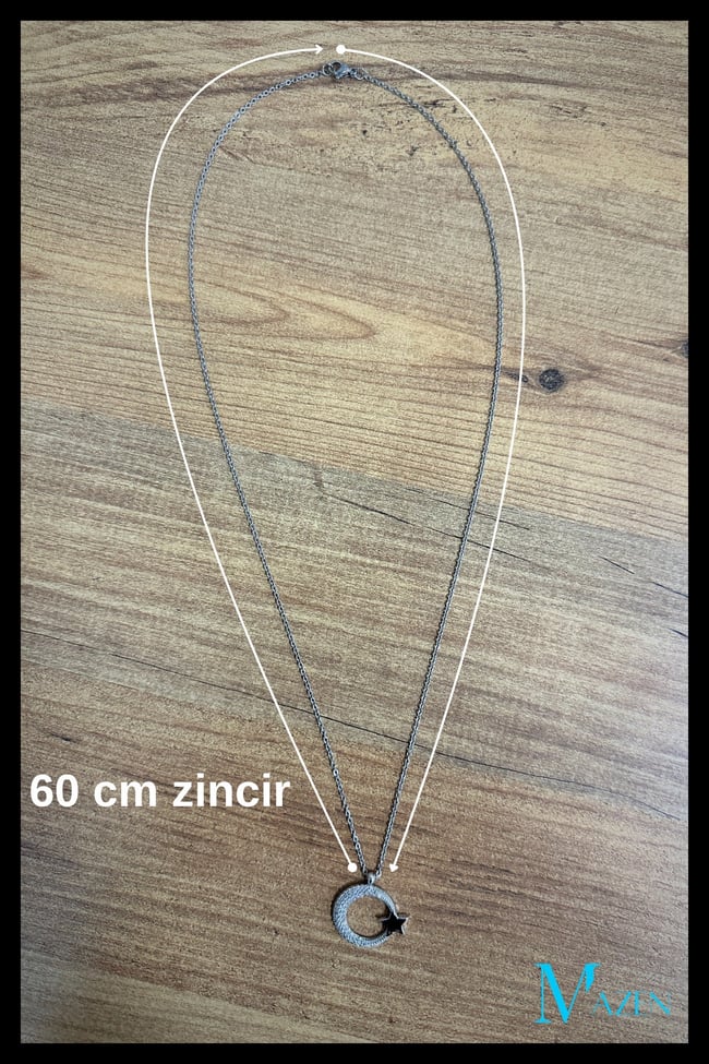 Ay Yıldız Zirkon Taşlı Kolye | 60 cm Çelik Zincir | Kadın Takı Aksesuar