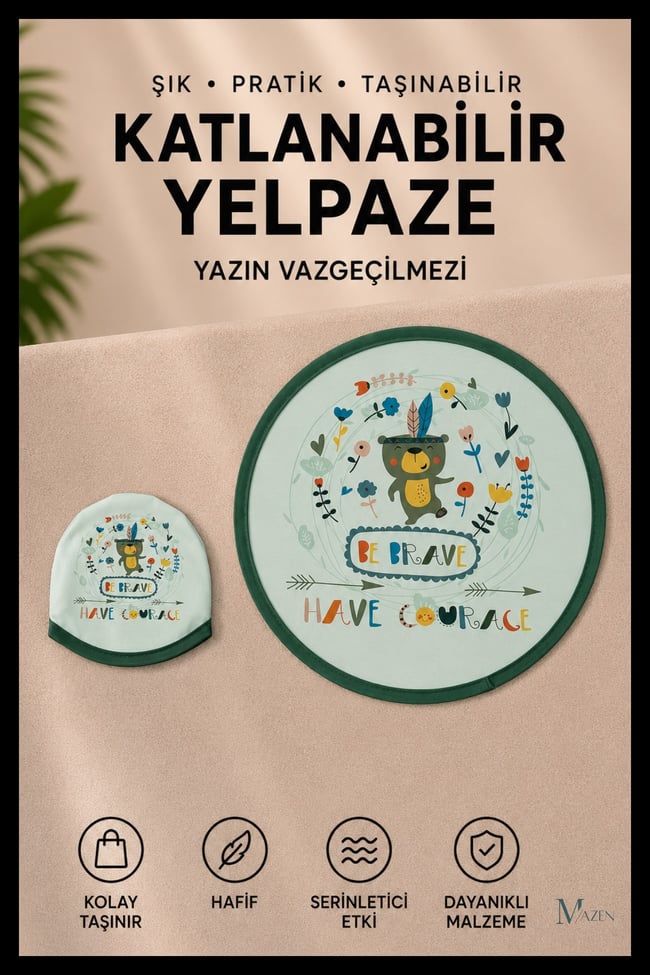 Ayıcık Desenli Katlanabilir Yuvarlak Yazlık Taşınabilir El Yelpazesi