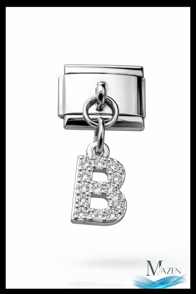 B Harf Zirkon Taşlı İtalyan Charm Bileklik Aparatı | Çelik | Parlak Sallantılı Taşlı Model