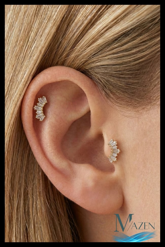 Baget Sıralı Kavisli Model Zirkon Taşlı Tragus ve Helix Piercing 1 Adet GOLD Renk