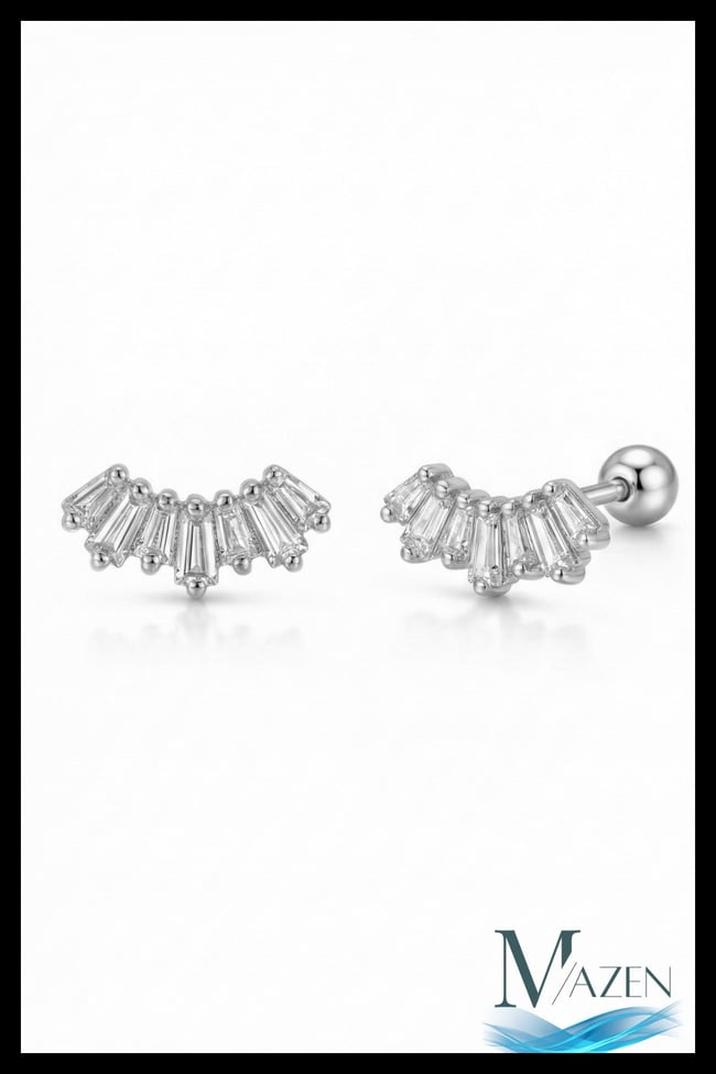 Baget Sıralı Kavisli Model Zirkon Taşlı Tragus ve Helix Piercing 1 Adet Gümüş Renk