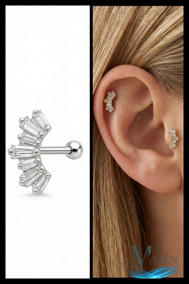 Baget Sıralı Kavisli Model Zirkon Taşlı Tragus ve Helix Piercing 1 Adet Gümüş Renk