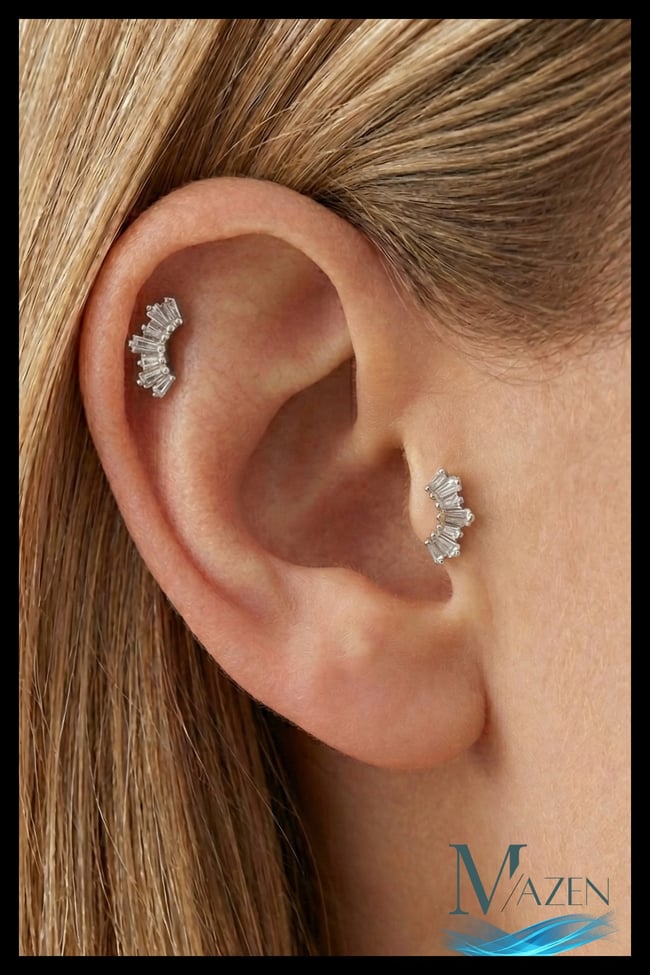 Baget Sıralı Kavisli Model Zirkon Taşlı Tragus ve Helix Piercing 1 Adet Gümüş Renk