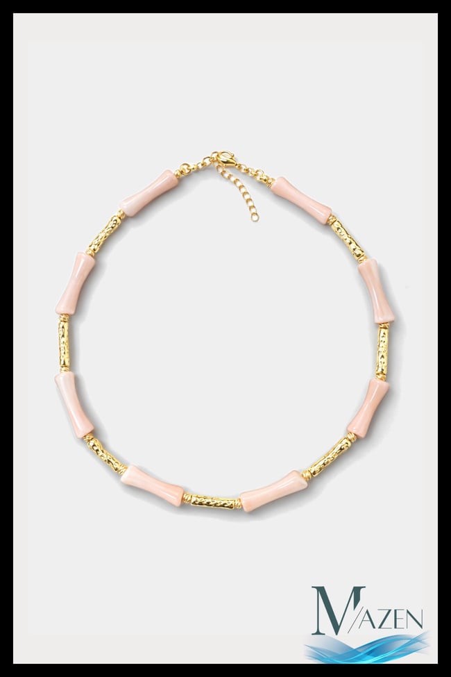 Bambu Kemik Boncuk Kolye 40+5 cm | Gold Detaylı Boncuk Tasarım Kadın Kolye