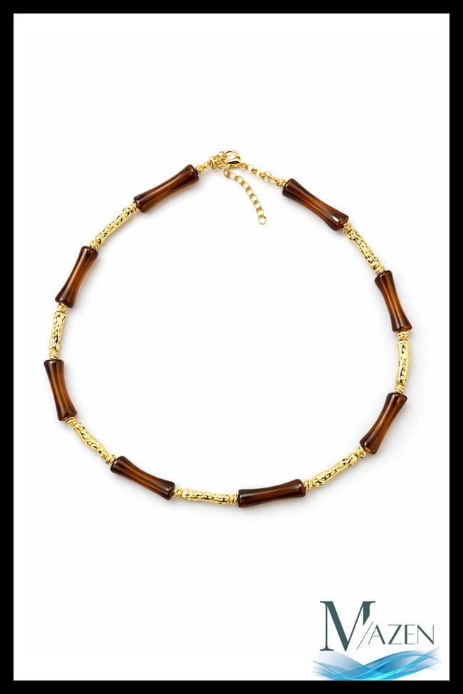 Bambu Kemik Boncuk Kolye 40+5 cm | Gold Detaylı Boncuk Tasarım Kadın Kolye