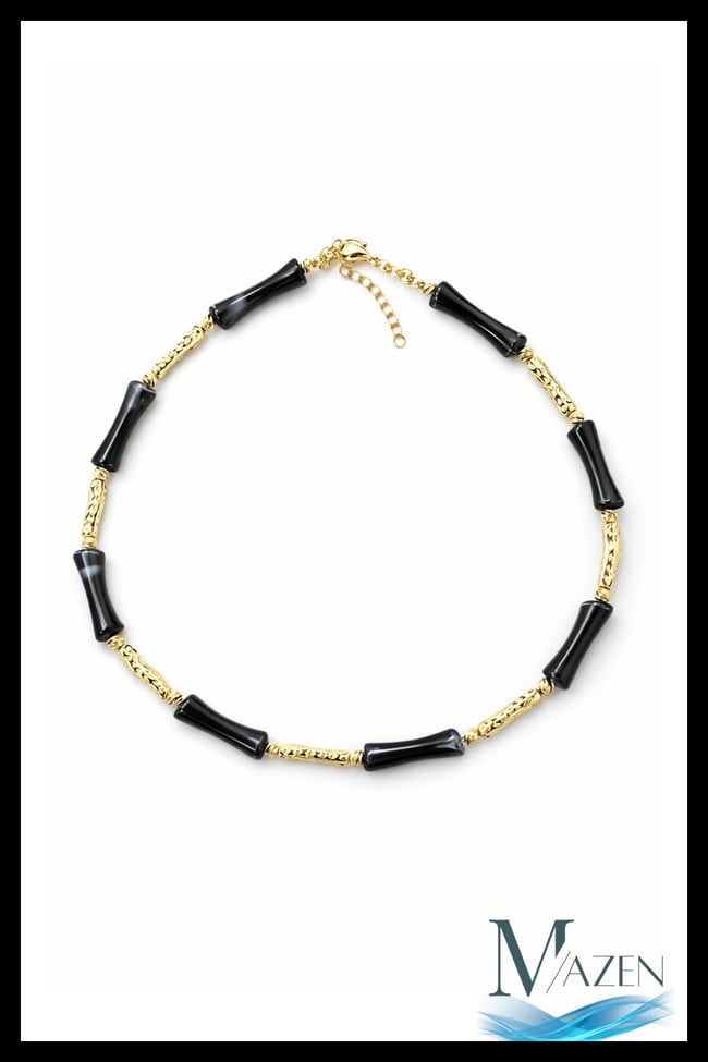 Bambu Kemik Boncuk Kolye 40+5 cm | Gold Detaylı Boncuk Tasarım Kadın Kolye