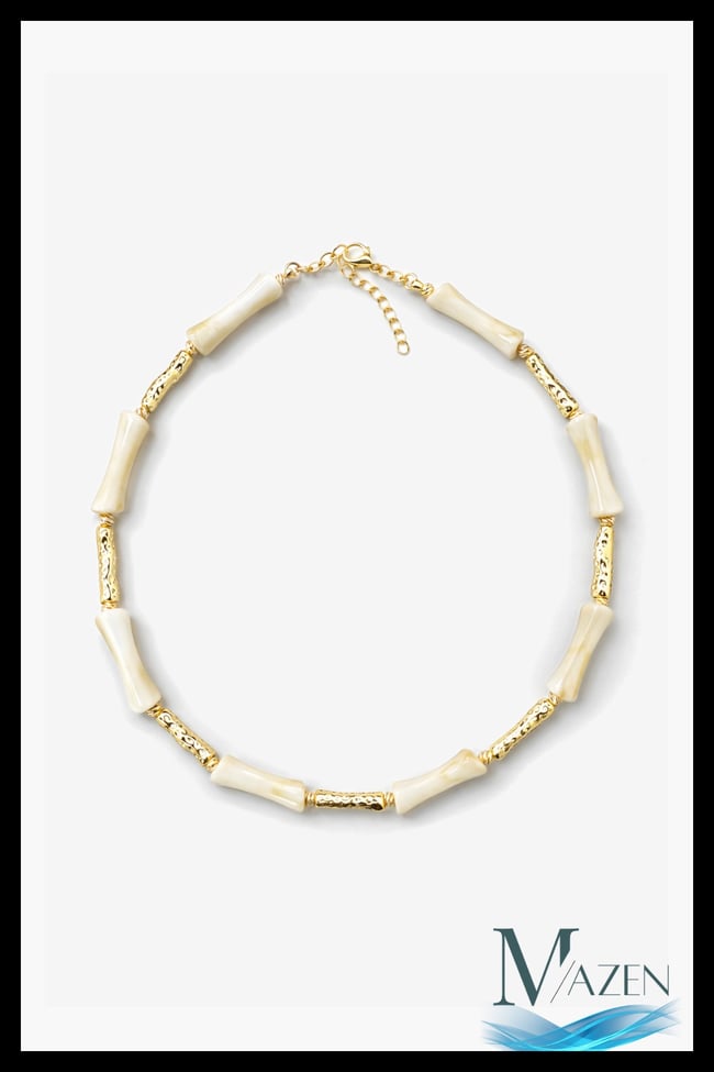 Bambu Kemik Boncuk Kolye 40+5 cm | Gold Detaylı Boncuk Tasarım Kadın Kolye