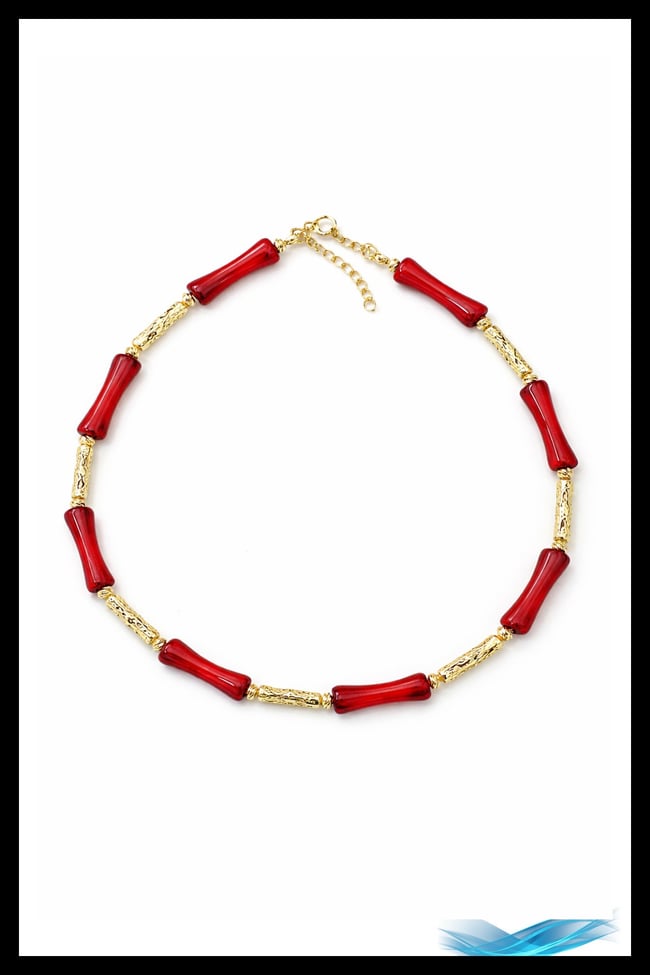 Bambu Kemik Boncuk Kolye 40+5 cm | Gold Detaylı Boncuk Tasarım Kadın Kolye