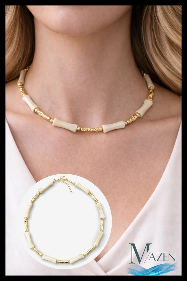 Bambu Kemik Boncuk Kolye 40+5 cm | Gold Detaylı Boncuk Tasarım Kadın Kolye