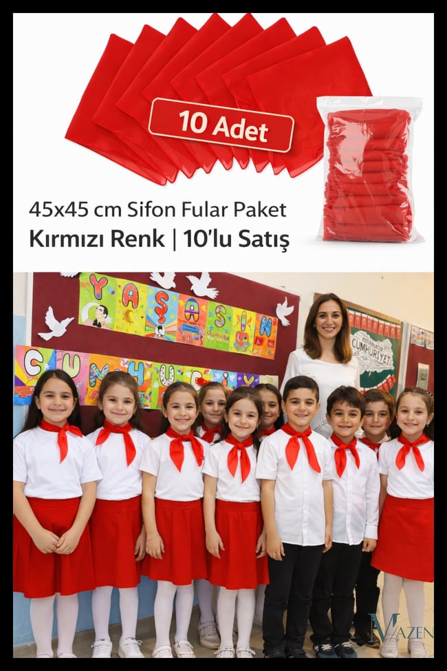 Bayrak Kırmızısı 45x45 cm Şifon Fular | 10’lu Tören Paketi Çok Amaçlı