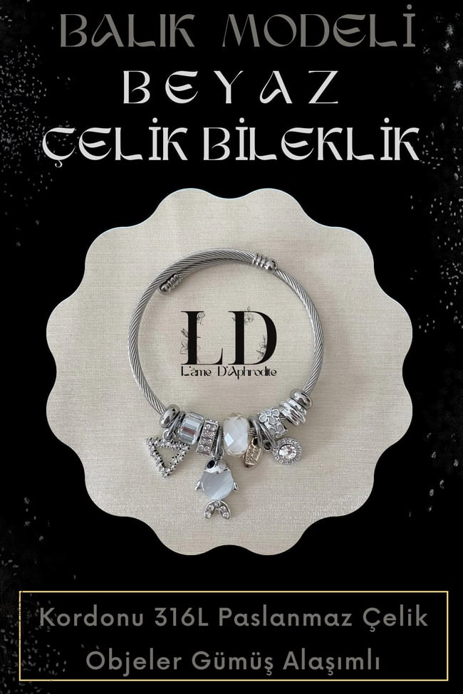 Beyaz Balıklı Halkası Charmlı Alaşımlı 316l Paslanmaz Çelik Bileklik BİL001