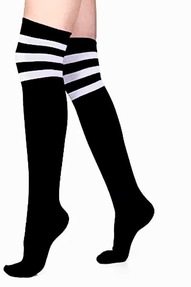 Beyaz Çizgili Uzun Siyah Çorap | Dizüstü Schoolgirl Stil | Kadın Yüksek Çorap (36-42)