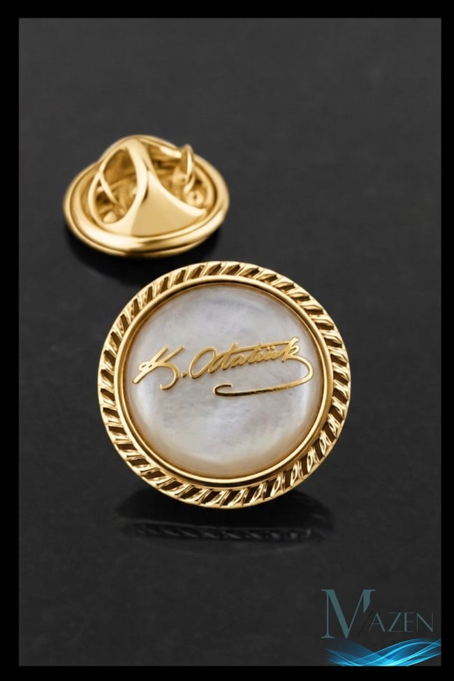 Beyaz Mineli Atatürk İmzalı Yaka Rozeti | Gold Metal Kaliteli | Kararmaz | Unisex Aksesuar | Rozet