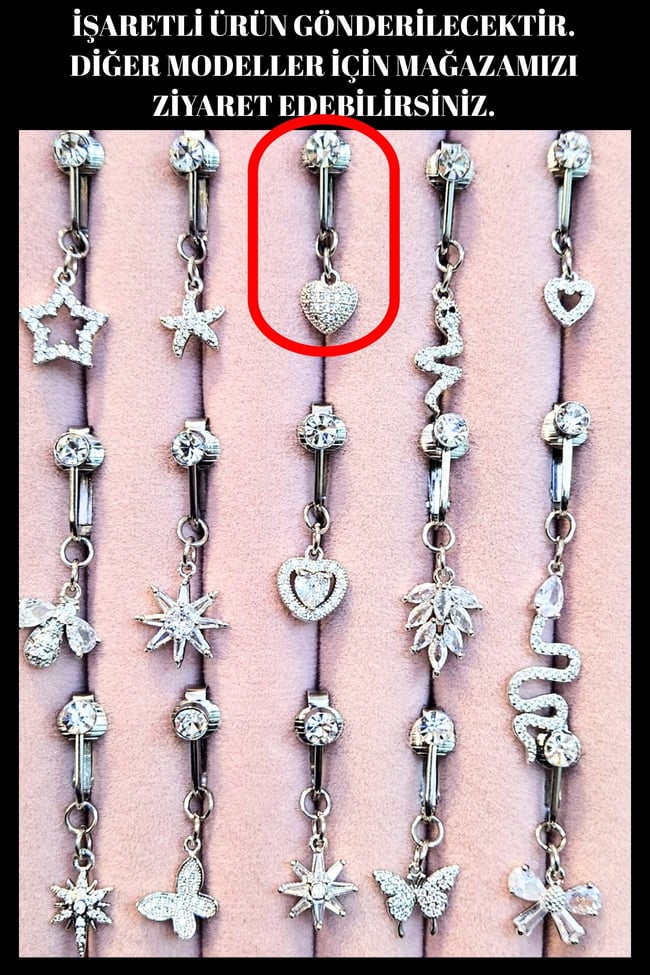 Bombeli Kalp Figür Sıkıştırmalı Delik Gerektirmeyen Fake Sallantılı Göbek Piercing | Deliksiz Model
