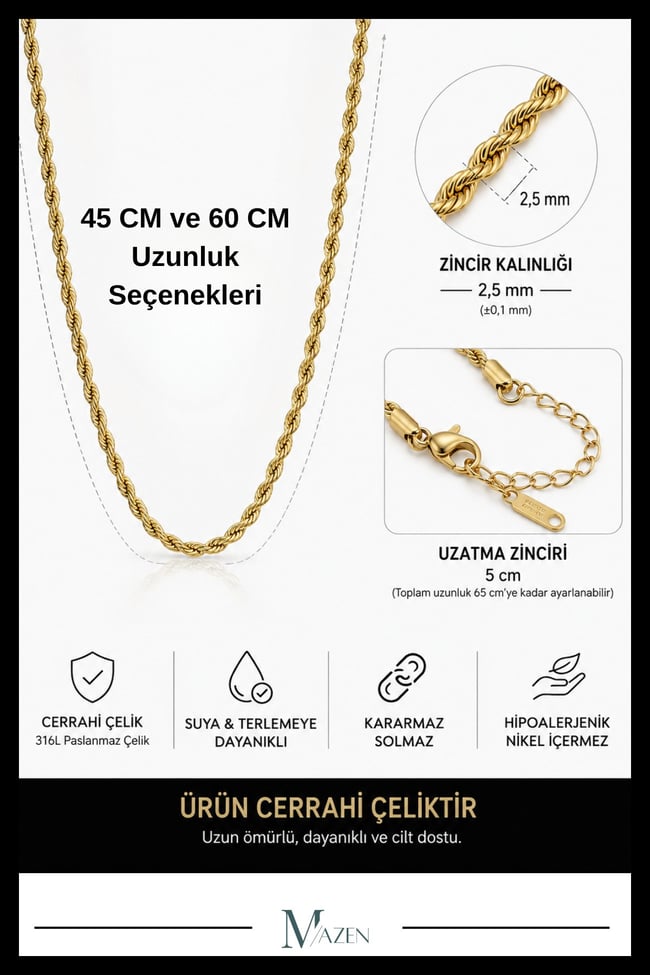 Burgulu Cerrahi Çelik Gold Zincir Kolye Premium Kalite Dayanıklı Şık Tasarım (Uzunluk Seçenekli)