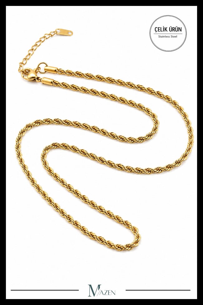 Burgulu Cerrahi Çelik Gold Zincir Kolye Premium Kalite Dayanıklı Şık Tasarım (Uzunluk Seçenekli)