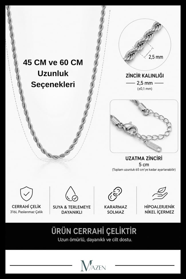 Burgulu Cerrahi Çelik Gold Zincir Kolye Premium Kalite Dayanıklı Şık Tasarım (Uzunluk Seçenekli)