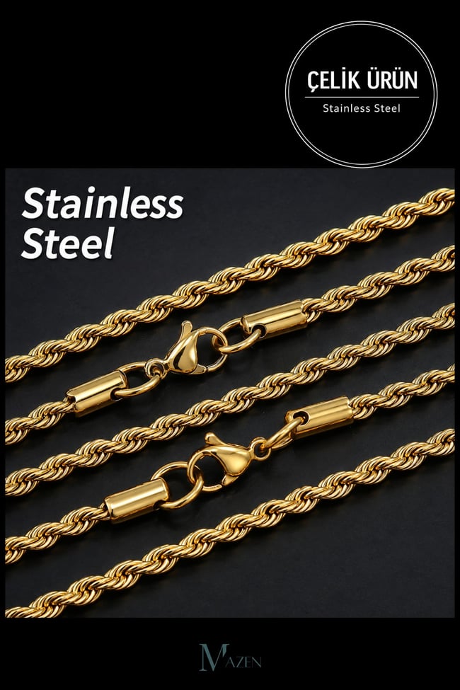 Burgulu Cerrahi Çelik Gold Zincir Kolye Premium Kalite Dayanıklı Şık Tasarım (Uzunluk Seçenekli)