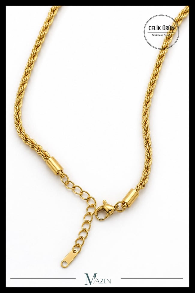 Burgulu Cerrahi Çelik Gold Zincir Kolye Premium Kalite Dayanıklı Şık Tasarım (Uzunluk Seçenekli)