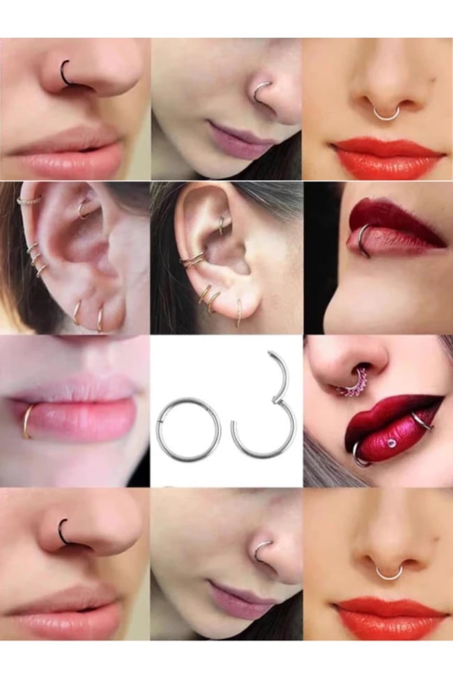 Burgulu Gümüş Renk Cerrahi Çelik Tragus Helix Piercing Küpe Tam Tur Piercing ( Beden Seçenekli)