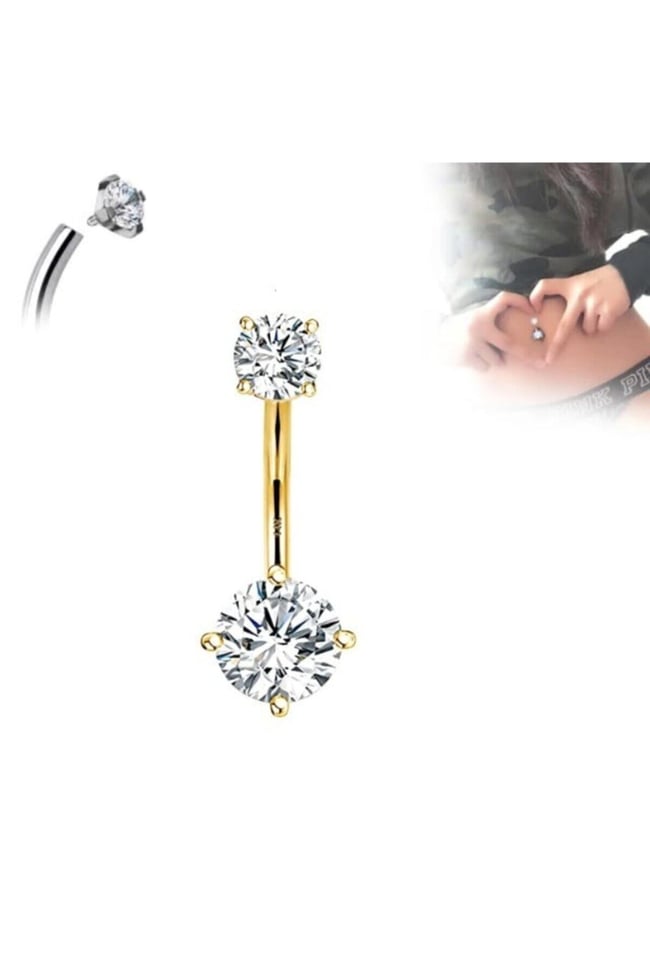 Cerahhi Çelik Göbek Piercing Yuvarlak Zirkon Taşlı Gold Bar Antialerjik