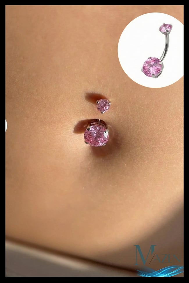 Cerahhi Çelik Göbek Piercing Yuvarlak Pembe Zirkon Taşlı Antialerjik