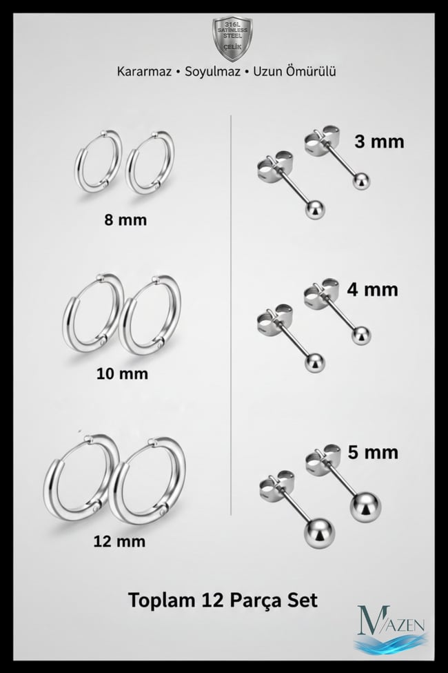 Cerrahi Çelik 3 Çift Halka 3 çift Top Küpe (8mm, 10mm, 12mm)