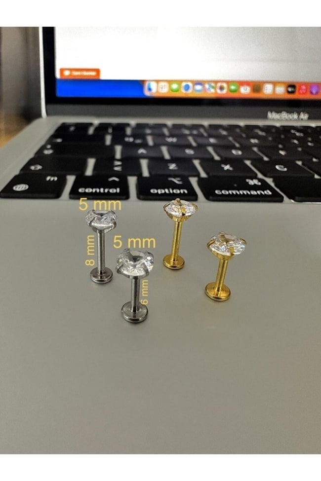Cerrahi Çelik (5 mm Taşlı) Tragus Helix Dudak Kıkırdak Piercing Küpe Gold Renk (Beden seçiniz)