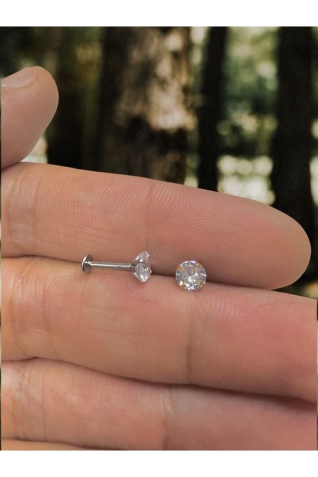 Cerrahi Çelik (5 mm Taşlı) Tragus Helix Dudak Kıkırdak Piercing Küpe Gümüş Renk (Beden seçiniz)