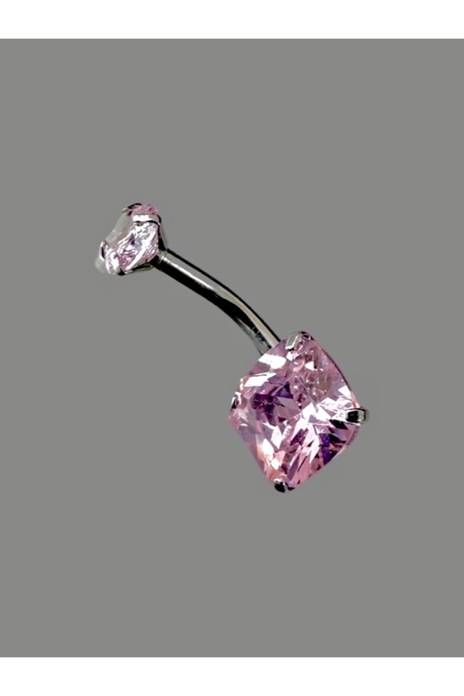 Cerrahi Çelik Kare Göbek Piercingi Çift Zirkon Taşlı Pembe Renk