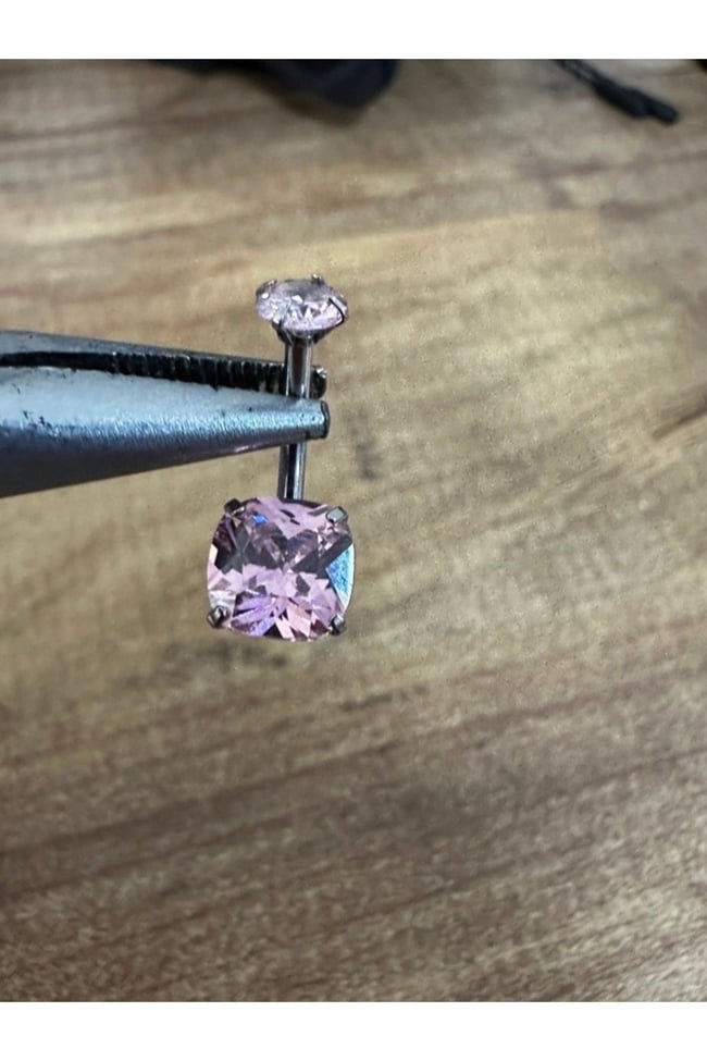 Cerrahi Çelik Kare Göbek Piercingi Çift Zirkon Taşlı Pembe Renk