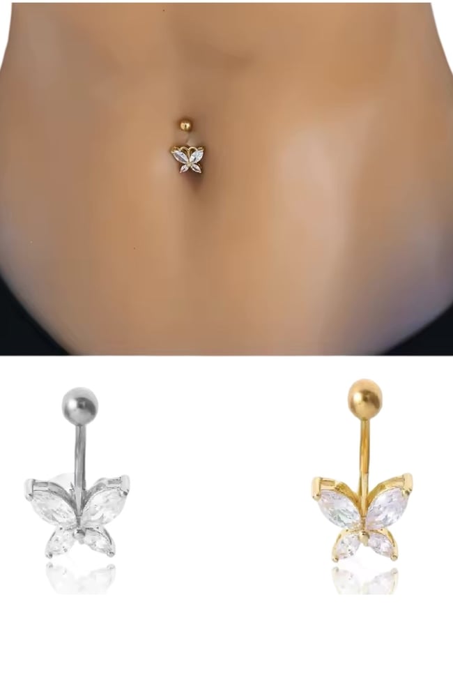 Cerrahi Çelik Küçük Kelebek Figürlü Göbek Piercingi Zirkon Taşlı
