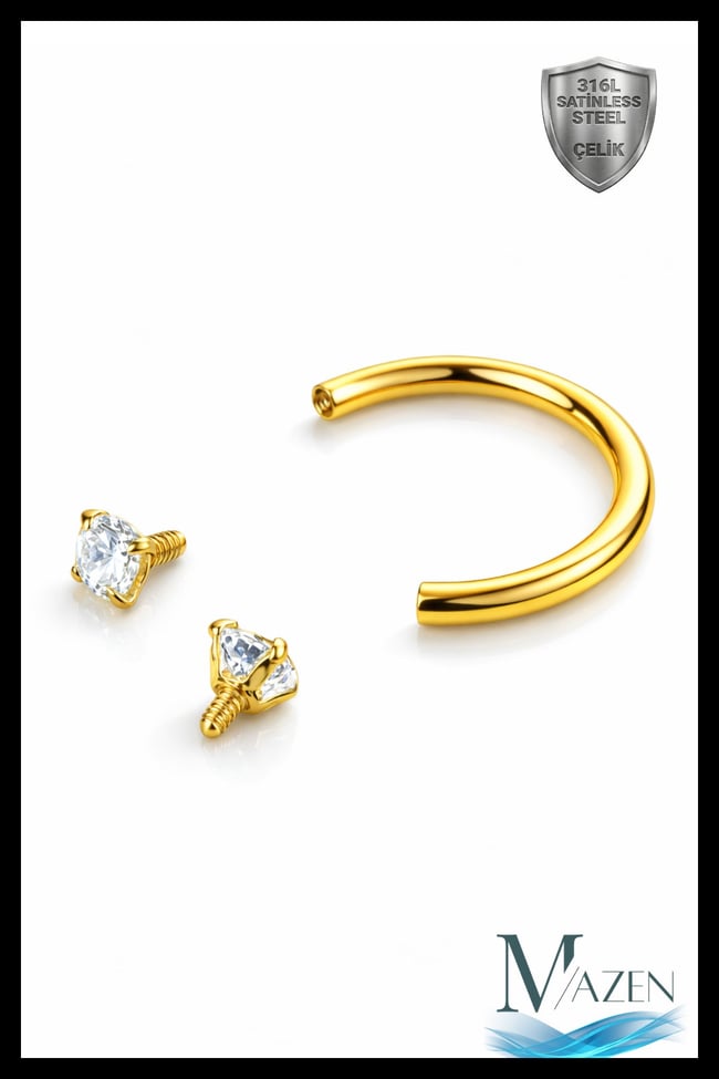 Cerrahi Çelik Taşlı Gold Piercing Kıkırdak Septum Helix Tragus 8mm