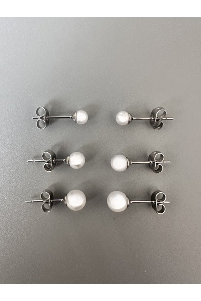 Cerrahi Çelik Üç Çift İncili Top Küpe (Üç Farklı Boy 3mm, 4mm, 5mm)
