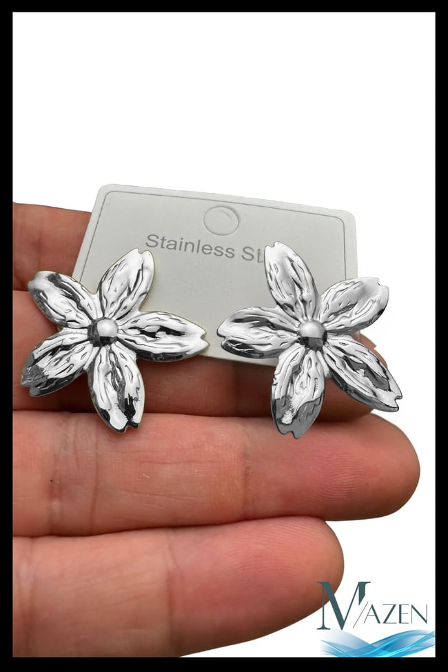Çiçek Dokulu Küpe | 316L Paslanmaz Çelik | Kadın Takı Aksesuar (3,5 cm) Gümüş Renk