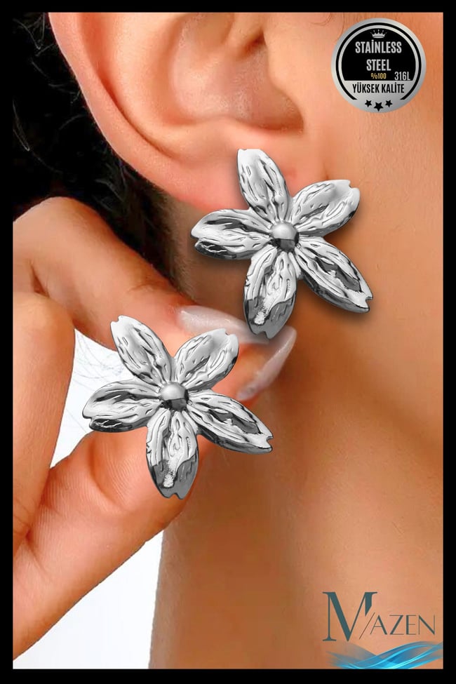 Çiçek Dokulu Küpe | 316L Paslanmaz Çelik | Kadın Takı Aksesuar (3,5 cm) Gümüş Renk