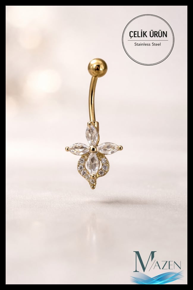 Çiçek Model Göbek Piercing | 316L Çelik | Beyaz Taş Detaylı | Kadın Takı Aksesuar | Pirsing