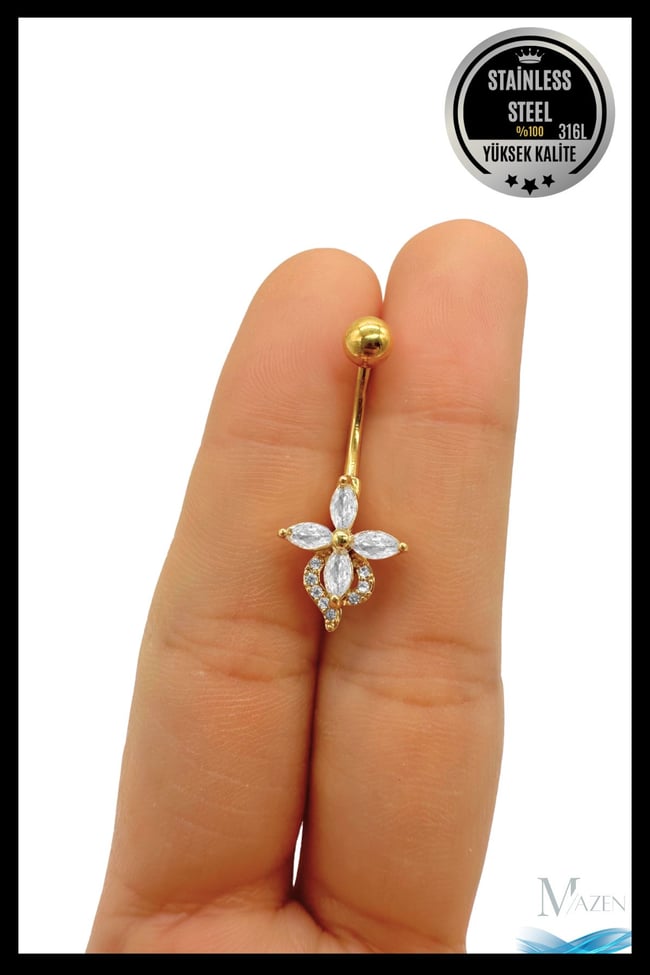 Çiçek Model Göbek Piercing | 316L Çelik | Beyaz Taş Detaylı | Kadın Takı Aksesuar | Pirsing