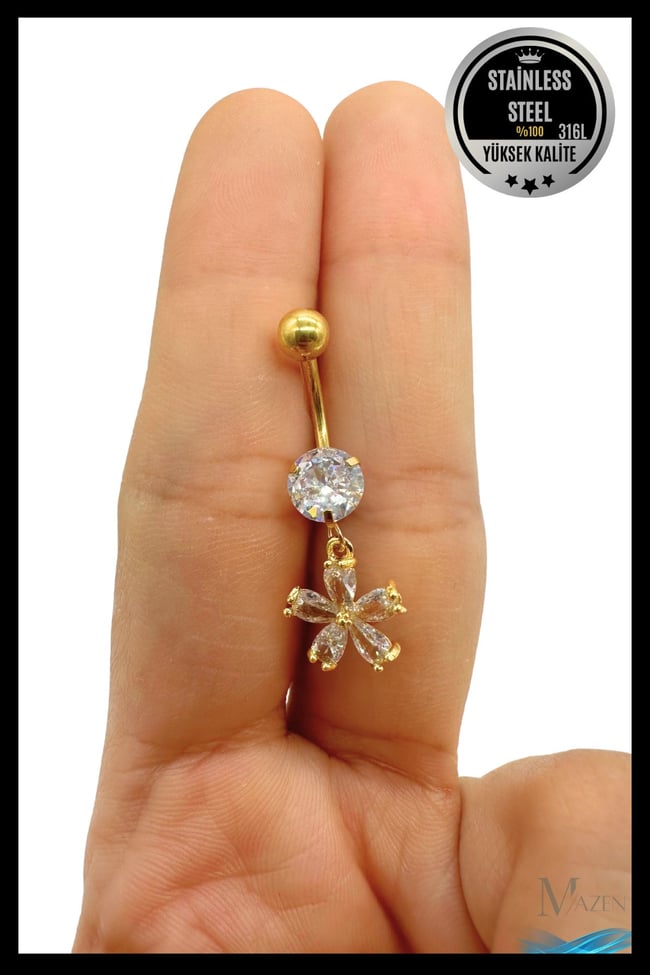 Çiçek Model Sallantılı Göbek Piercing | 316L Çelik | Beyaz Taşlı | Kadın Takı Aksesuar | Pirsing