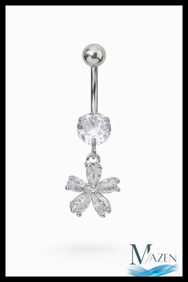 Çiçek Model Sallantılı Göbek Piercing | 316L Çelik | Beyaz Taşlı | Kadın Takı Aksesuar | Gümüş Renk