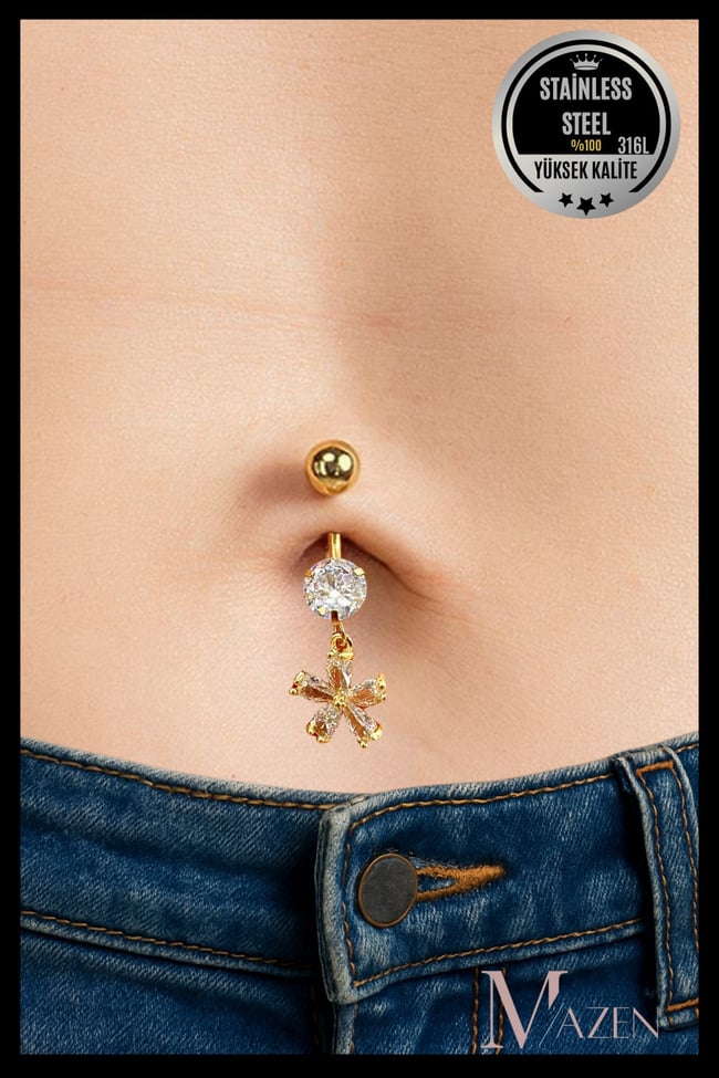 Çiçek Model Sallantılı Göbek Piercing | 316L Çelik | Beyaz Taşlı | Kadın Takı Aksesuar | Pirsing
