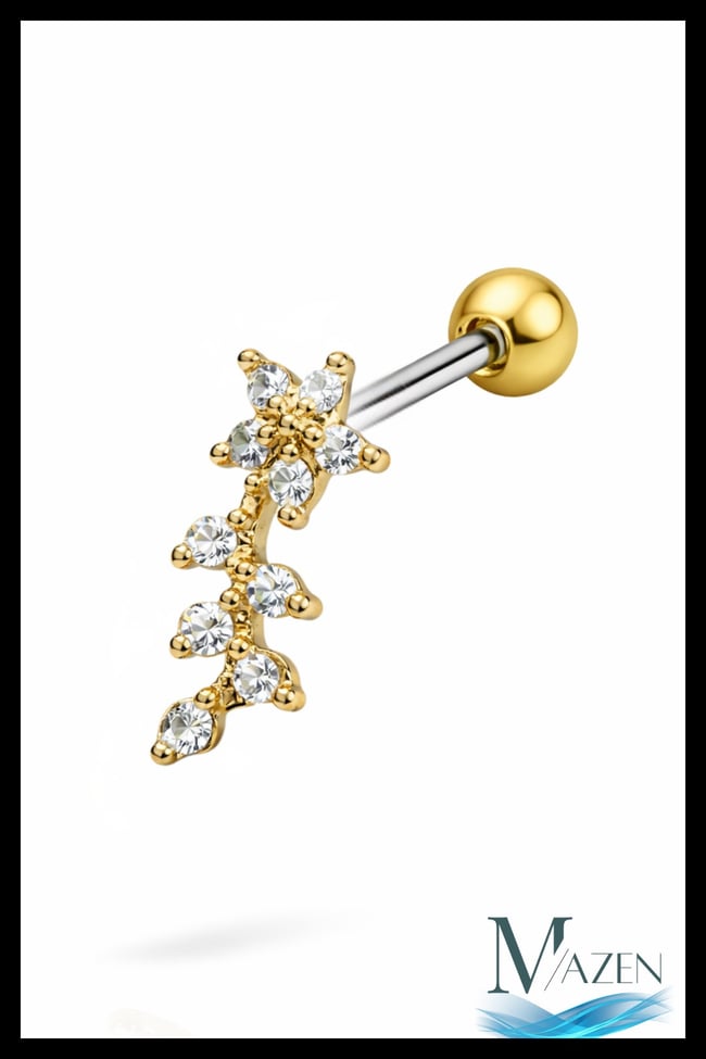 Çiçek Yaprak Zirkon Taşlı Tragus Helix Piercing | Arkası Toplu Model - 1 Adet