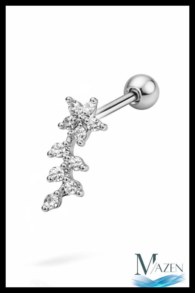 Çiçek Yaprak Zirkon Taşlı Tragus Helix Piercing | Arkası Toplu Model - 1 Adet