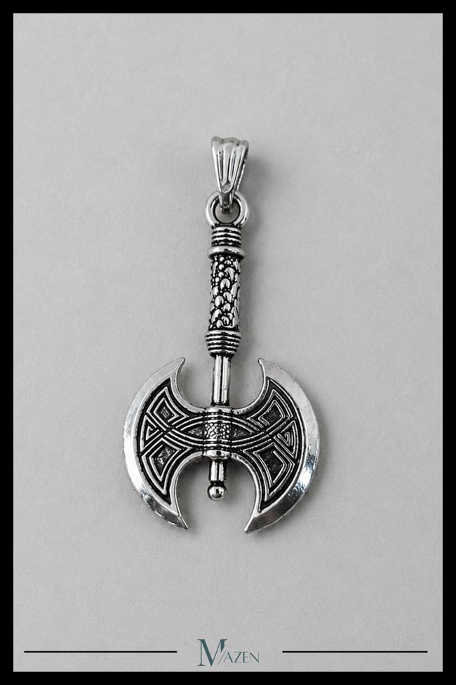 Çift Başlı Savaş Baltası Figürlü Antik Gümüş Renk Erkek Kolye Ucu Viking Tasarım