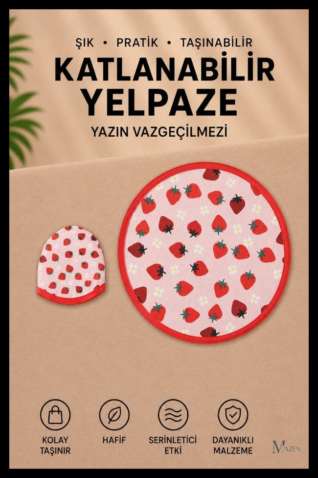 Çilek Desenli Katlanabilir Yuvarlak Yazlık Taşınabilir El Yelpazesi