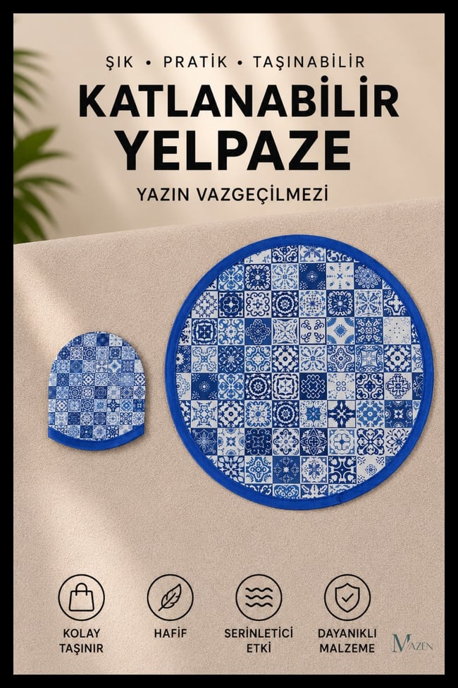 Çini Desenli Katlanabilir Yuvarlak Yazlık Taşınabilir El Yelpazesi