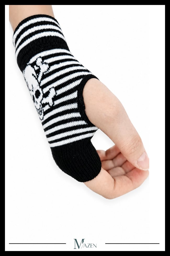 Çizgili Kuru Kafa Desenli Parmaksız Eldiven Unisex Triko Punk Rock Korsan Gothic El Isıtıcı