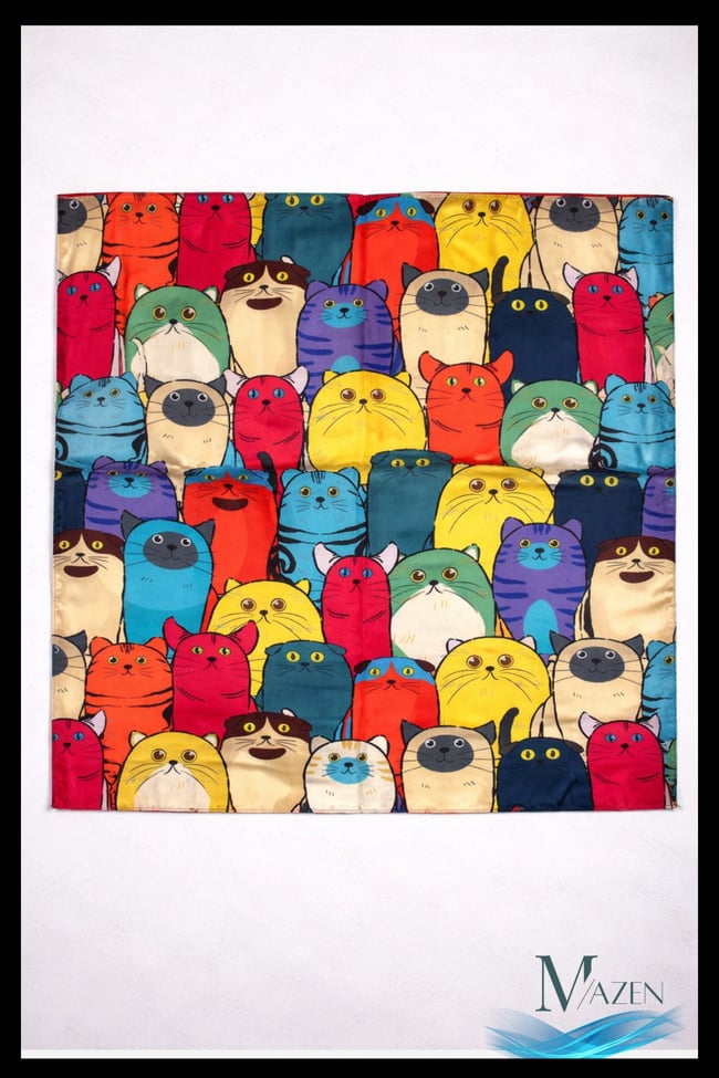 Çoklu Kedi Desenli Sanatsal Fular | İpeksi Saten Doku | 55x55 cm Kare Kadın Aksesuar